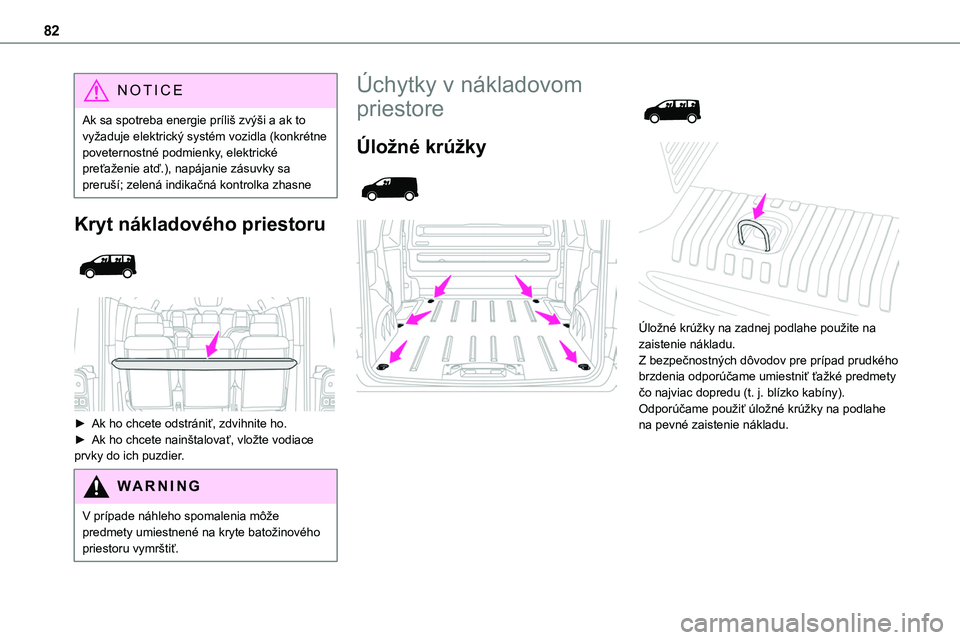 TOYOTA PROACE 2022  Návod na použitie (in Slovakian) 82
NOTIC E
Ak sa spotreba energie príliš zvýši a ak to vyžaduje elektrický systém vozidla (konkrétne poveternostné podmienky, elektrické preťaženie atď.), napájanie zásuvky sa preruší