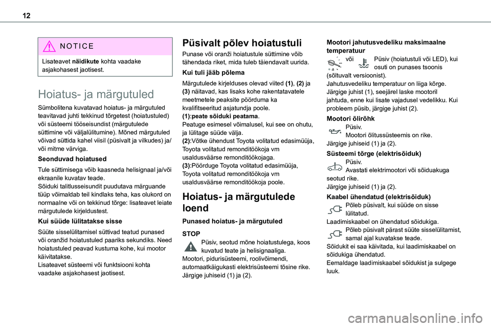 TOYOTA PROACE 2022 Kasutusjuhend (in Estonian) 12
NOTIC E
Lisateavet näidikute kohta vaadake asjakohasest jaotisest.
Hoiatus- ja märgutuled
Sümbolitena kuvatavad hoiatus- ja märgutuled
teavitavad juhti tekkinud tõrgetest (hoiatustuled) või TOYOTA PROACE 2022 Kasutusjuhend (in Estonian) 12
NOTIC E
Lisateavet näidikute kohta vaadake asjakohasest jaotisest.
Hoiatus- ja märgutuled
Sümbolitena kuvatavad hoiatus- ja märgutuled
teavitavad juhti tekkinud tõrgetest (hoiatustuled) või