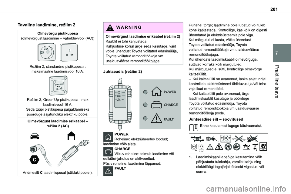TOYOTA PROACE 2022 Kasutusjuhend (in Estonian) 201
Praktiline teave
7
Tavaline laadimine, režiim 2
Olmevõrgu pistikupesa(olmevõrgust laadimine – vahelduvvool (AC))
Režiim 2, standardne pistikupesa : maksimaalne laadimisvool 10 A.
Reži TOYOTA PROACE 2022 Kasutusjuhend (in Estonian) 201
Praktiline teave
7
Tavaline laadimine, režiim 2
Olmevõrgu pistikupesa(olmevõrgust laadimine – vahelduvvool (AC))
Režiim 2, standardne pistikupesa : maksimaalne laadimisvool 10 A.
Reži