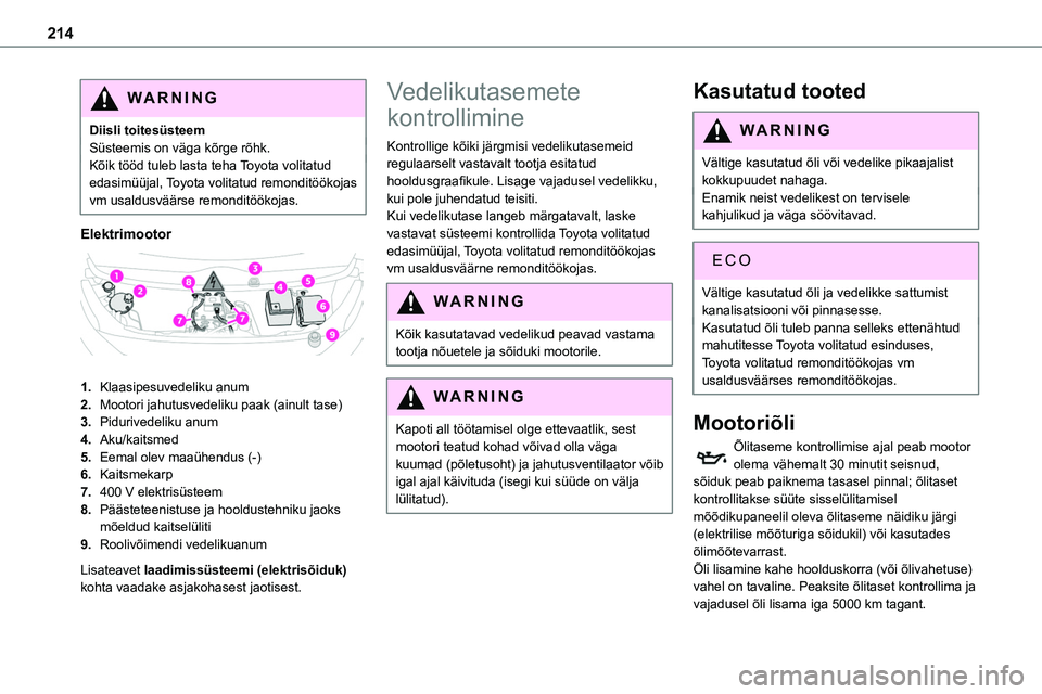 TOYOTA PROACE 2022  Kasutusjuhend (in Estonian) 214
WARNI NG
Diisli toitesüsteemSüsteemis on väga kõrge rõhk.Kõik tööd tuleb lasta teha Toyota volitatud edasimüüjal, Toyota volitatud remonditöökojas vm usaldusväärse remonditöökojas.