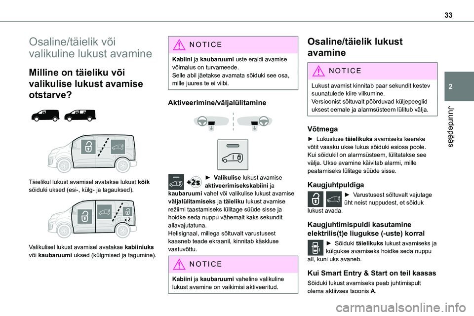 TOYOTA PROACE 2022 Kasutusjuhend (in Estonian) 33
Juurdepääs
2
Osaline/täielik või
valikuline lukust avamine
Milline on täieliku või
valikulise lukust avamise
otstarve?
Täielikul lukust avamisel avatakse lukust kõik sõiduki uksed TOYOTA PROACE 2022 Kasutusjuhend (in Estonian) 33
Juurdepääs
2
Osaline/täielik või
valikuline lukust avamine
Milline on täieliku või
valikulise lukust avamise
otstarve?
Täielikul lukust avamisel avatakse lukust kõik sõiduki uksed