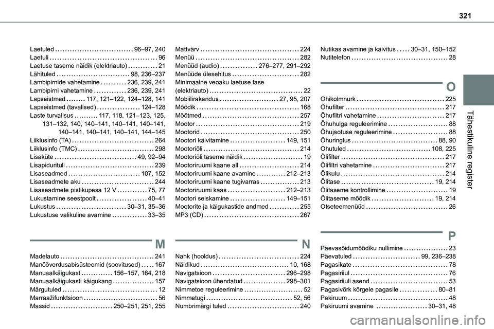 TOYOTA PROACE 2022 Kasutusjuhend (in Estonian) 321
Tähestikuline register
Laetuled 96–97, 240Laetuli 96Laetuse taseme näidik (elektriauto) 21Lähituled 98, 236–237Lambipirnide vahetamine 236, 239, 241Lambipirni vahetamine 236, 23 TOYOTA PROACE 2022 Kasutusjuhend (in Estonian) 321
Tähestikuline register
Laetuled 96–97, 240Laetuli 96Laetuse taseme näidik (elektriauto) 21Lähituled 98, 236–237Lambipirnide vahetamine 236, 239, 241Lambipirni vahetamine 236, 23