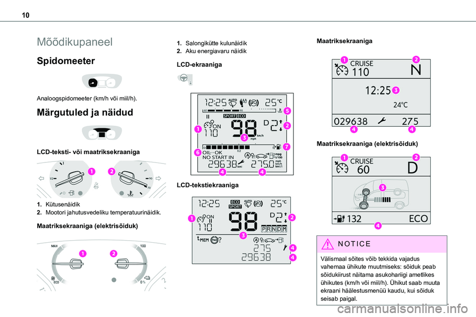 TOYOTA PROACE 2022  Kasutusjuhend (in Estonian) 10
Mõõdikupaneel
Spidomeeter 
 
Analoogspidomeeter (km/h või miil/h).
Märgutuled ja näidud 
 
LCD-teksti- või maatriksekraaniga 
 
1.Kütusenäidik
2.Mootori jahutusvedeliku temperatuurinäidik.