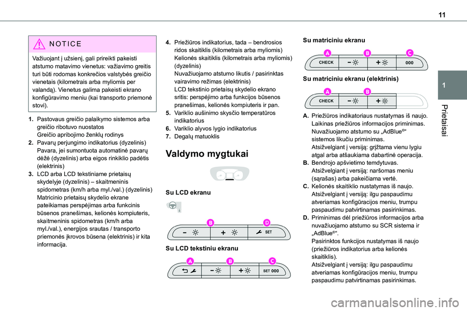 TOYOTA PROACE 2022 Eksploatavimo vadovas (in Lithuanian) 11
Prietaisai
1
NOTIC E
Važiuojant į užsienį, gali prireikti pakeisti atstumo matavimo vienetus: važiavimo greitis turi būti rodomas konkrečios valstybės greičio vienetais (kilometrais arba m TOYOTA PROACE 2022 Eksploatavimo vadovas (in Lithuanian) 11
Prietaisai
1
NOTIC E
Važiuojant į užsienį, gali prireikti pakeisti atstumo matavimo vienetus: važiavimo greitis turi būti rodomas konkrečios valstybės greičio vienetais (kilometrais arba m