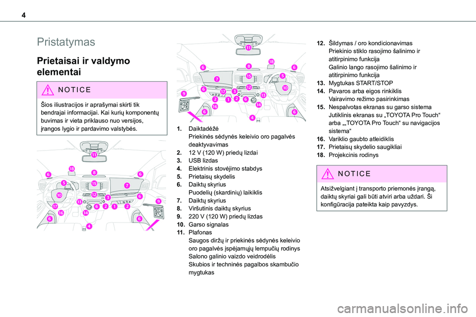 TOYOTA PROACE 2022 Eksploatavimo vadovas (in Lithuanian) 4
Pristatymas
Prietaisai ir valdymo
elementai
NOTIC E
Šios iliustracijos ir aprašymai skirti tik bendrajai informacijai. Kai kurių komponentų buvimas ir vieta priklauso nuo versijos, įrangos lyg TOYOTA PROACE 2022 Eksploatavimo vadovas (in Lithuanian) 4
Pristatymas
Prietaisai ir valdymo
elementai
NOTIC E
Šios iliustracijos ir aprašymai skirti tik bendrajai informacijai. Kai kurių komponentų buvimas ir vieta priklauso nuo versijos, įrangos lyg