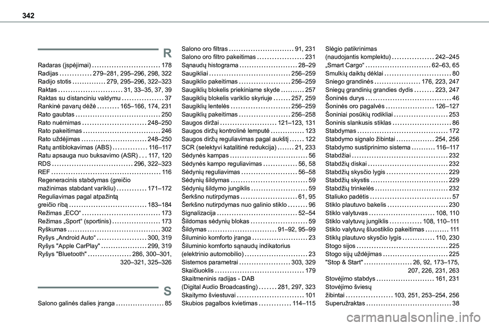 TOYOTA PROACE 2022  Eksploatavimo vadovas (in Lithuanian) 342
R
Radaras (įspėjimai)   178Radijas   279–281, 295–296, 298, 322Radijo stotis   279, 295–296, 322–323Raktas   31, 33–35, 37, 39Raktas su distanciniu valdymu   37Rankinė pavarų dėžė