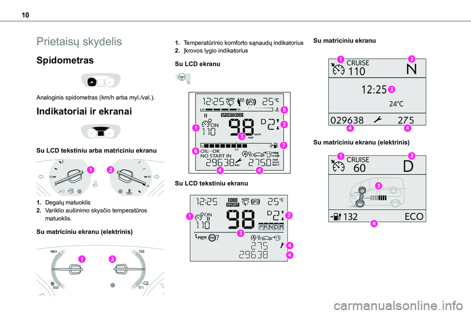 TOYOTA PROACE 2022 Eksploatavimo vadovas (in Lithuanian) 10
Prietaisų skydelis
Spidometras
Analoginis spidometras (km/h arba myl./val.).
Indikatoriai ir ekranai
Su LCD tekstiniu arba matriciniu ekranu
1.Degalų matuoklis
2.Variklio aušinimo skys TOYOTA PROACE 2022 Eksploatavimo vadovas (in Lithuanian) 10
Prietaisų skydelis
Spidometras
Analoginis spidometras (km/h arba myl./val.).
Indikatoriai ir ekranai
Su LCD tekstiniu arba matriciniu ekranu
1.Degalų matuoklis
2.Variklio aušinimo skys