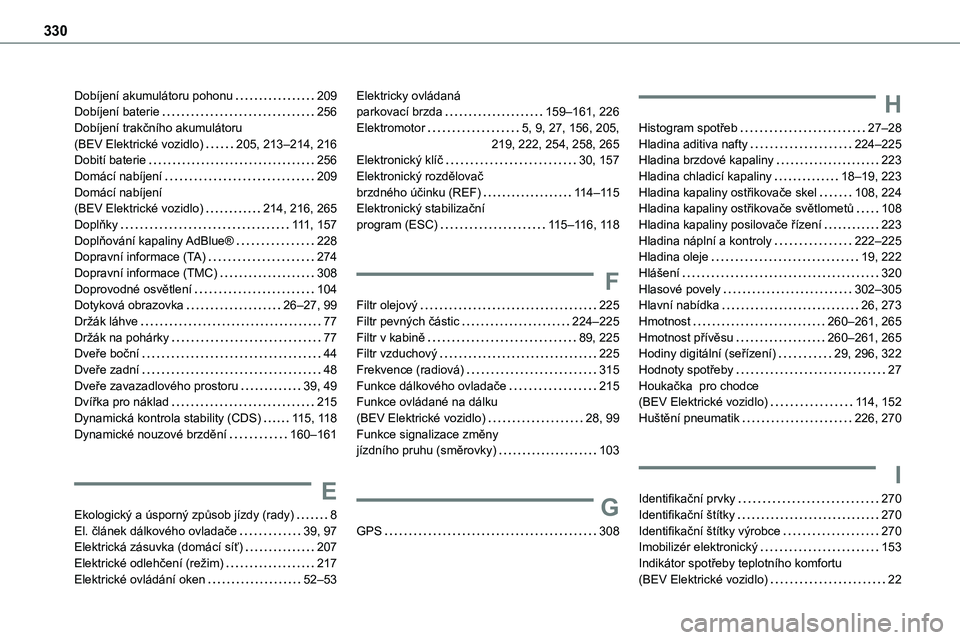 TOYOTA PROACE 2022 Návod na použití (in Czech) 330
Dobíjení akumulátoru pohonu 209Dobíjení baterie 256Dobíjení trakčního akumulátoru (BEV Elektrické vozidlo) 205, 213–214, 216Dobití baterie 256Domácí nabíjení 209Domác TOYOTA PROACE 2022 Návod na použití (in Czech) 330
Dobíjení akumulátoru pohonu 209Dobíjení baterie 256Dobíjení trakčního akumulátoru (BEV Elektrické vozidlo) 205, 213–214, 216Dobití baterie 256Domácí nabíjení 209Domác