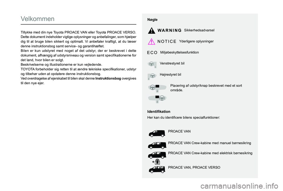 TOYOTA PROACE 2022  Brugsanvisning (in Danish)  
  
 
  
 
  
  
  
  
   
   
 
  
   
   
   
Velkommen
Tillykke med din nye Toyota PROACE VAN eller Toyota PROACE VERSO.Dette dokument indeholder vigtige oplysninger og anbefalinger, som hjælper 