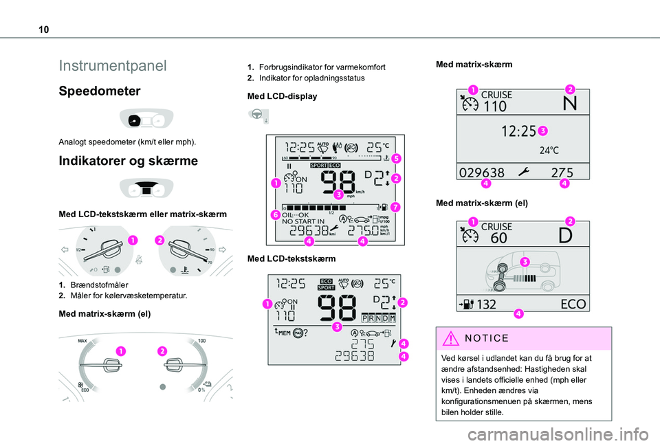 TOYOTA PROACE 2022  Brugsanvisning (in Danish) 10
Instrumentpanel
Speedometer 
 
Analogt speedometer (km/t eller mph).
Indikatorer og skærme 
 
Med LCD-tekstskærm eller matrix-skærm 
 
1.Brændstofmåler
2.Måler for kølervæsketemperatur.
Med