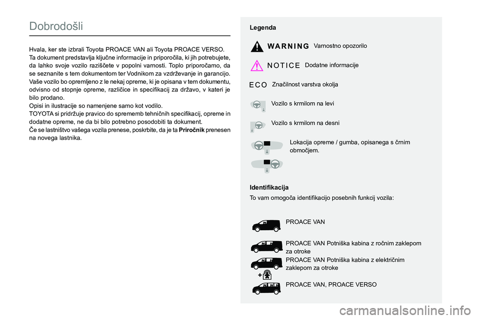 TOYOTA PROACE 2022  Navodila Za Uporabo (in Slovenian)  
  
 
  
 
  
  
  
  
   
   
 
  
   
   
   
Dobrodošli
Hvala, ker ste izbrali Toyota PROACE VAN ali Toyota PROACE VERSO.0037004700440003005600480003Vaše vozilo bo opremljeno z le nekaj opreme, 
