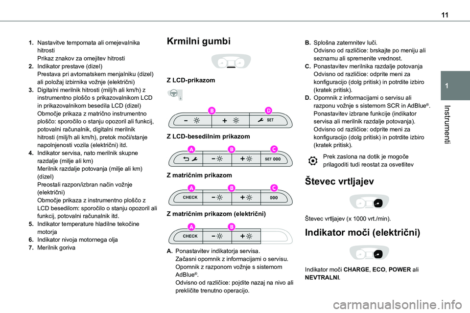 TOYOTA PROACE 2022  Navodila Za Uporabo (in Slovenian) 11
Instrumenti
1
1.Nastavitve tempomata ali omejevalnika hitrostiPrikaz znakov za omejitev hitrosti
2.Indikator prestave (dizel)Prestava pri avtomatskem menjalniku (dizel) ali položaj izbirnika vožn