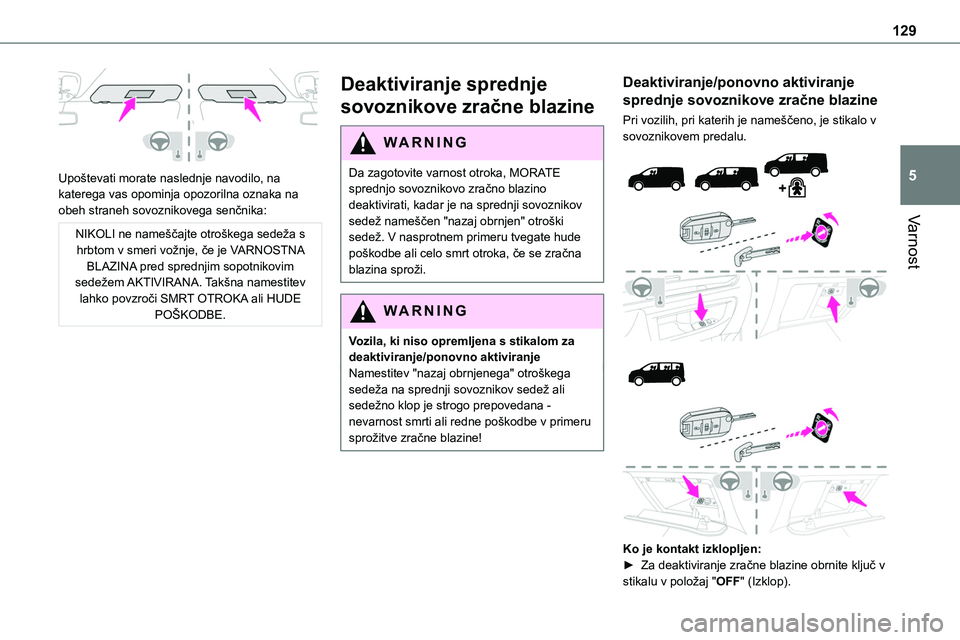 TOYOTA PROACE 2022 Navodila Za Uporabo (in Slovenian) 129
Varnost
5
Upoštevati morate naslednje navodilo, na katerega vas opominja opozorilna oznaka na obeh straneh sovoznikovega senčnika:
NIKOLI ne nameščajte otroškega sedeža s hrbtom v smeri vo TOYOTA PROACE 2022 Navodila Za Uporabo (in Slovenian) 129
Varnost
5
Upoštevati morate naslednje navodilo, na katerega vas opominja opozorilna oznaka na obeh straneh sovoznikovega senčnika:
NIKOLI ne nameščajte otroškega sedeža s hrbtom v smeri vo