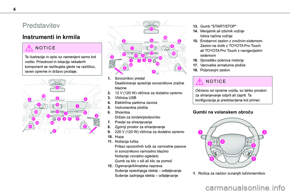 TOYOTA PROACE 2022  Navodila Za Uporabo (in Slovenian) 4
Predstavitev
Instrumenti in krmila
NOTIC E
Te ilustracije in opisi so namenjeni samo kot vodilo. Prisotnost in lokacija nekaterih komponent se razlikujeta glede na različico, raven opreme in držav