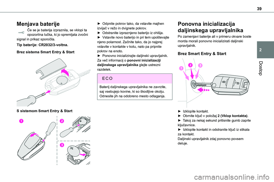 TOYOTA PROACE 2022 Navodila Za Uporabo (in Slovenian) 39
Dostop
2
Menjava baterije
Če se je baterija izpraznila, se vklopi ta opozorilna lučka, ki jo spremljata zvočni signal in prikaz sporočila.
Tip baterije: CR2032/3-voltna.
Brez sistema Smart Entr TOYOTA PROACE 2022 Navodila Za Uporabo (in Slovenian) 39
Dostop
2
Menjava baterije
Če se je baterija izpraznila, se vklopi ta opozorilna lučka, ki jo spremljata zvočni signal in prikaz sporočila.
Tip baterije: CR2032/3-voltna.
Brez sistema Smart Entr