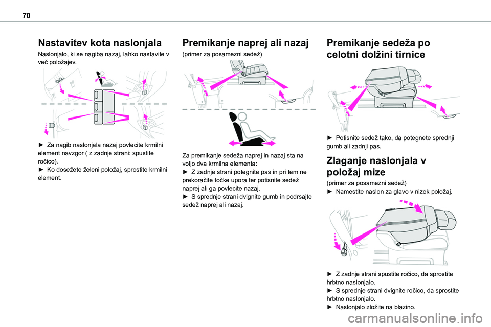 TOYOTA PROACE 2022  Navodila Za Uporabo (in Slovenian) 70
Nastavitev kota naslonjala
Naslonjalo, ki se nagiba nazaj, lahko nastavite v več položajev. 
 
► Za nagib naslonjala nazaj povlecite krmilni element navzgor ( z zadnje strani: spustite ročico)