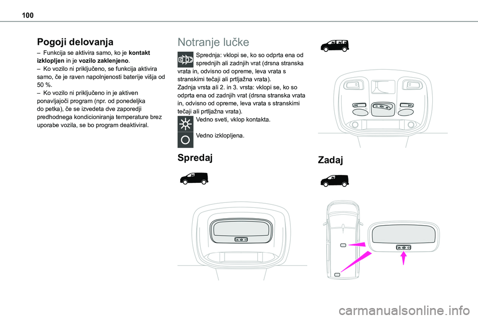 TOYOTA PROACE 2022  Navodila Za Uporabo (in Slovenian) 100
Pogoji delovanja
– Funkcija se aktivira samo, ko je kontakt izklopljen in je vozilo zaklenjeno.– Ko vozilo ni priključeno, se funkcija aktivira samo, če je raven napolnjenosti baterije višj