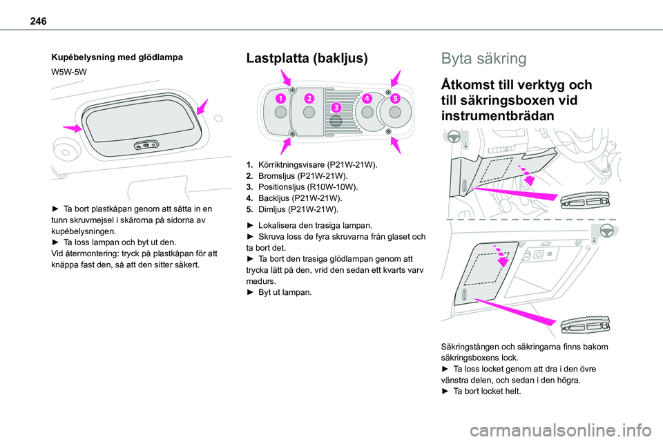 TOYOTA PROACE 2022 Bruksanvisningar (in Swedish) 246
Kupébelysning med glödlampa
W5W-5W
► Ta bort plastkåpan genom att sätta in en tunn skruvmejsel i skårorna på sidorna av kupébelysningen.► Ta loss lampan och byt ut den.Vid återmonte TOYOTA PROACE 2022 Bruksanvisningar (in Swedish) 246
Kupébelysning med glödlampa
W5W-5W
► Ta bort plastkåpan genom att sätta in en tunn skruvmejsel i skårorna på sidorna av kupébelysningen.► Ta loss lampan och byt ut den.Vid återmonte