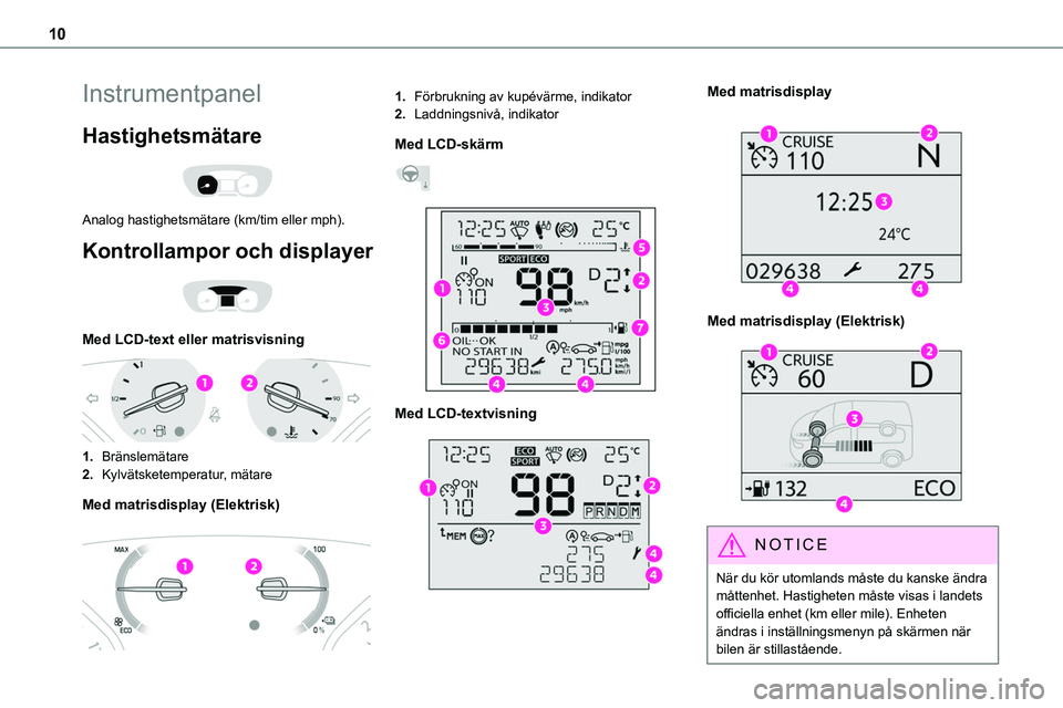 TOYOTA PROACE 2022  Bruksanvisningar (in Swedish) 10
Instrumentpanel
Hastighetsmätare 
 
Analog hastighetsmätare (km/tim eller mph).
Kontrollampor och displayer 
 
Med LCD-text eller matrisvisning 
 
1.Bränslemätare
2.Kylvätsketemperatur, mätar