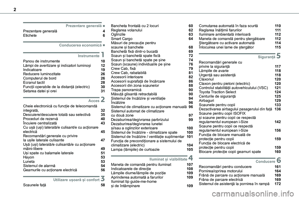 TOYOTA PROACE CITY 2020  Manuale de Empleo (in Spanish) 2
  
  
  
  ■Prezentare generală
Prezentare generală  4Etichete  6
  ■Conducerea economică
 1Instrumente
Panou de instrumente  10Lămpi de avertizare şi indicatori luminoși  12Indicatoar