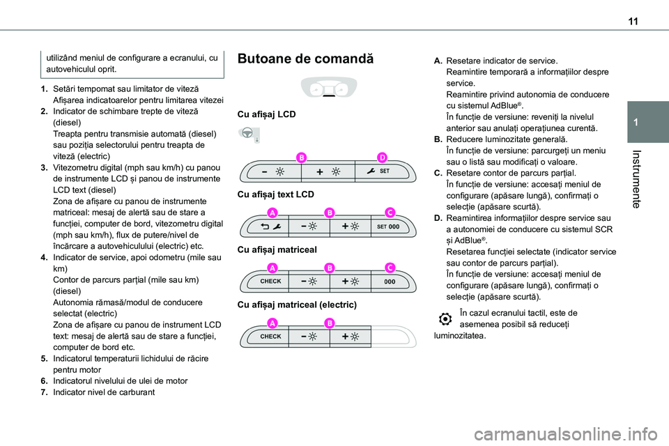 TOYOTA PROACE CITY 2020  Manuale de Empleo (in Spanish) 11
Instrumente
1
utilizând meniul de configurare a ecranului, cu autovehiculul oprit.
1.Setări tempomat sau limitator de vitezăAfișarea indicatoarelor pentru limitarea vitezei
2.Indicator de schim