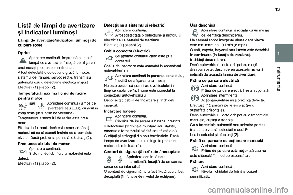 TOYOTA PROACE CITY 2020  Manuale de Empleo (in Spanish) 13
Instrumente
1
Listă de lămpi de avertizare 
şi indicatori luminoși
Lămpi de avertizare/indicatori luminoși de culoare roșie
OprireAprindere continuă, împreună cu o altă lampă de avertiz