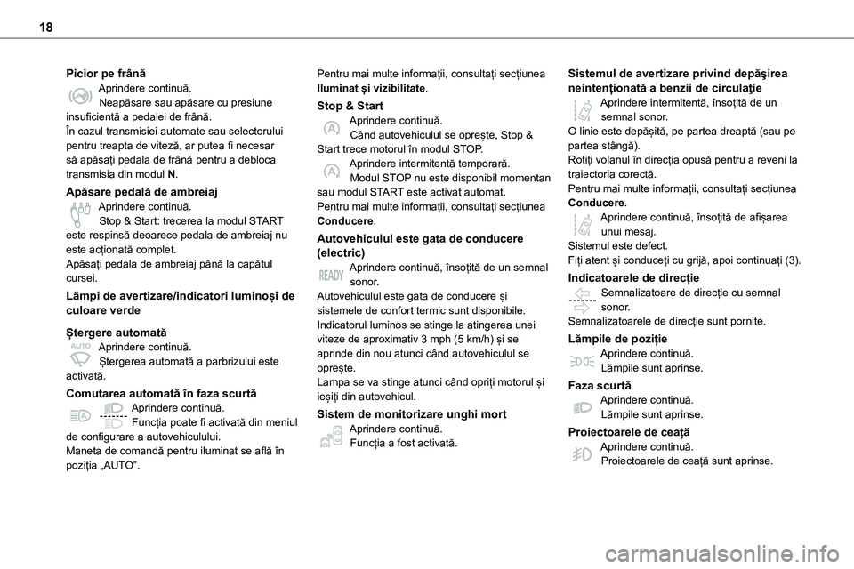 TOYOTA PROACE 2022 Manual de utilizare (in Romanian) 18
Picior pe frânăAprindere continuă.Neapăsare sau apăsare cu presiune insuficientă a pedalei de frână.În cazul transmisiei automate sau selectorului pentru treapta de viteză, ar putea fi ne TOYOTA PROACE 2022 Manual de utilizare (in Romanian) 18
Picior pe frânăAprindere continuă.Neapăsare sau apăsare cu presiune insuficientă a pedalei de frână.În cazul transmisiei automate sau selectorului pentru treapta de viteză, ar putea fi ne