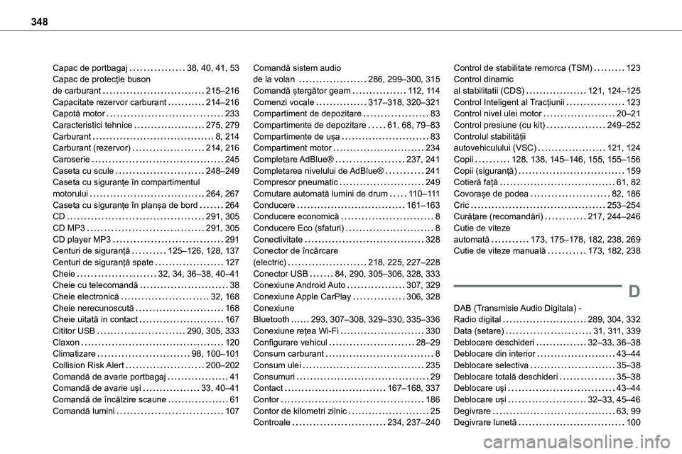 TOYOTA PROACE 2022 Manual de utilizare (in Romanian) 348
Capac de portbagaj 38, 40, 41, 53Capac de protecție buson de carburant 215–216Capacitate rezervor carburant 214–216Capotă motor 233Caracteristici tehnice 275, 279Carburant 8, 21 TOYOTA PROACE 2022 Manual de utilizare (in Romanian) 348
Capac de portbagaj 38, 40, 41, 53Capac de protecție buson de carburant 215–216Capacitate rezervor carburant 214–216Capotă motor 233Caracteristici tehnice 275, 279Carburant 8, 21