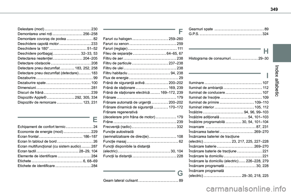 TOYOTA PROACE 2022  Manual de utilizare (in Romanian) 349
Index alfabetic
Delestare (mod)   230Demontarea unei roți   256–258Demontare covoraș de podea   82Deschidere capotă motor   233Deschidere la 180°   51–52Deschidere portbagaj   32–33, 53D