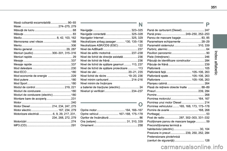 TOYOTA PROACE 2022  Manual de utilizare (in Romanian) 351
Index alfabetic
Masă culisantă escamotabilă   90–93Mase   274–275, 279Măsuță de lucru   68Măsuțe   83Mediu   8, 42, 103, 162Memorarea unei viteze   188Meniu   306Meniu general   29, 28