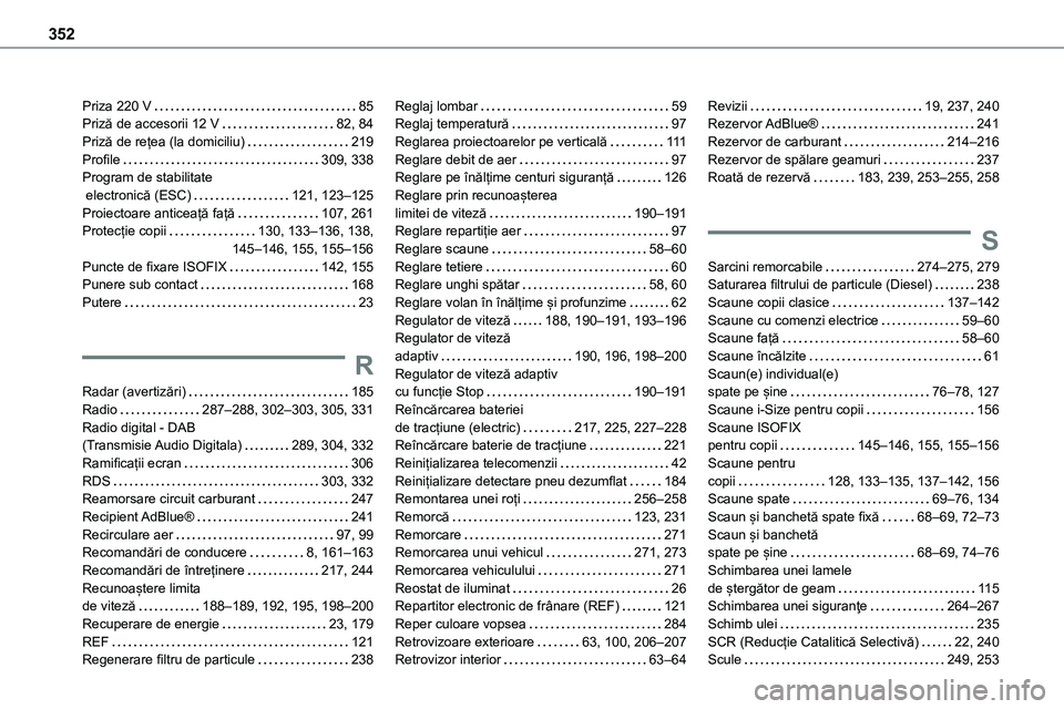 TOYOTA PROACE 2022  Manual de utilizare (in Romanian) 352
Priza 220 V   85Priză de accesorii 12 V   82, 84Priză de rețea (la domiciliu)   219Profile   309, 338Program de stabilitate  electronică (ESC)   121, 123–125Proiectoare anticeață față   