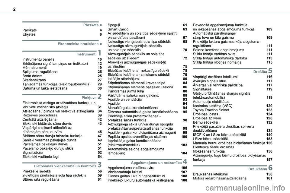 TOYOTA PROACE 2022  Lietošanas Instrukcija (in Latvian) 2
  
  
  
  ■Pārskats
Pārskats  4Etiķetes  6
  ■Ekonomiska braukšana
 1Instrumenti
Instrumentu panelis  10Brīdinājuma signāllampiņas un indikatori  12Mērinstrumenti  19Spilgtuma regu