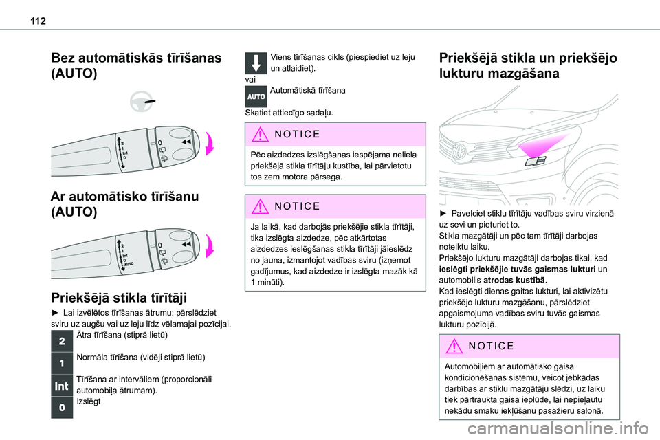 TOYOTA PROACE CITY 2020 Návod na použití (in Czech) 11 2
Bez automātiskās tīrīšanas
(AUTO)
Ar automātisko tīrīšanu
(AUTO)
Priekšējā stikla tīrītāji
► Lai izvēlētos tīrīšanas ātrumu: pārslēdziet sviru uz augšu vai uz TOYOTA PROACE CITY 2020 Návod na použití (in Czech) 11 2
Bez automātiskās tīrīšanas
(AUTO)
Ar automātisko tīrīšanu
(AUTO)
Priekšējā stikla tīrītāji
► Lai izvēlētos tīrīšanas ātrumu: pārslēdziet sviru uz augšu vai uz