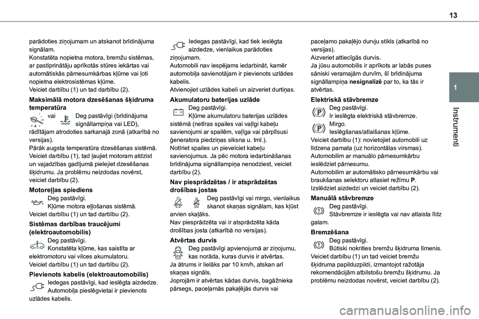 TOYOTA PROACE CITY 2020  Návod na použití (in Czech) 13
Instrumenti
1
parādoties ziņojumam un atskanot brīdinājuma signālam.Konstatēta nopietna motora, bremžu sistēmas, ar pastiprinātāju aprīkotās stūres iekārtas vai automātiskās pārnes