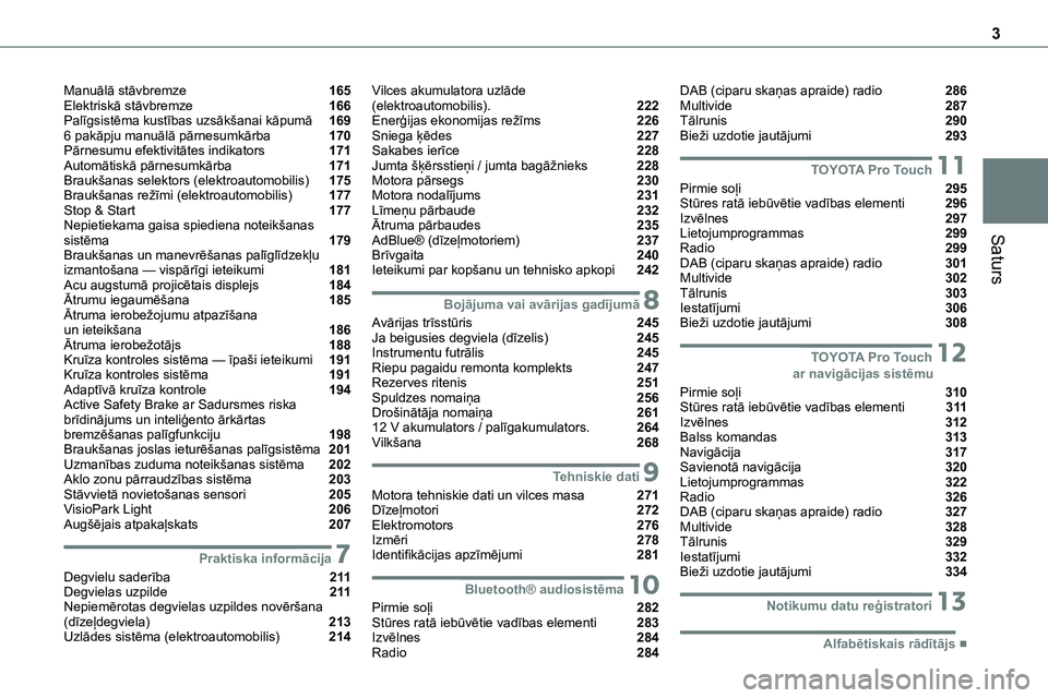 TOYOTA PROACE 2022  Lietošanas Instrukcija (in Latvian) 3
Saturs
Manuālā stāvbremze  165Elektriskā stāvbremze  166Palīgsistēma kustības uzsākšanai kāpumā  1696 pakāpju manuālā pārnesumkārba  170Pārnesumu efektivitātes indikators  171Auto