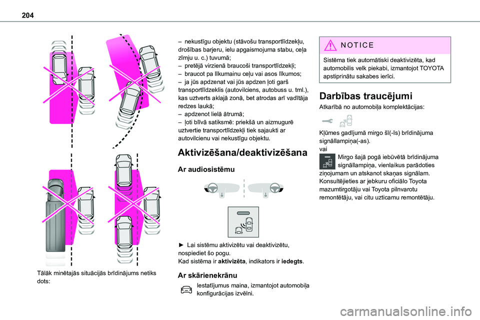 TOYOTA PROACE CITY 2020 Návod na použití (in Czech) 204
Tālāk minētajās situācijās brīdinājums netiks dots:
– nekustīgu objektu (stāvošu transportlīdzekļu, drošības barjeru, ielu apgaismojuma stabu, ceļa zīmju u. c.) tuvumā;– TOYOTA PROACE CITY 2020 Návod na použití (in Czech) 204
Tālāk minētajās situācijās brīdinājums netiks dots:
– nekustīgu objektu (stāvošu transportlīdzekļu, drošības barjeru, ielu apgaismojuma stabu, ceļa zīmju u. c.) tuvumā;–