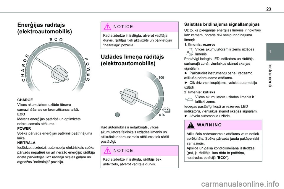 TOYOTA PROACE CITY 2020  Návod na použití (in Czech) 23
Instrumenti
1
Enerģijas rādītājs 
(elektroautomobilis) 
 
CHARGEVilces akumulatora uzlāde ātruma samazināšanas un bremzēšanas laikā.ECOMērens enerģijas patēriņš un optimizēts nobra