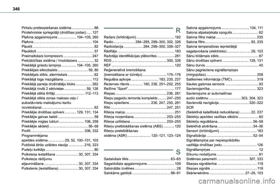 TOYOTA PROACE 2022 Lietošanas Instrukcija (in Latvian) 346
Pirkstu pretiespiešanas sistēma 88Pirotehniskie spriegotāji (drošības jostas) 127Plafona apgaismojums 104–105, 260Plafons 104Plaukti 82Plauktiņš 57Pneimatiskais kompresors 2 TOYOTA PROACE 2022 Lietošanas Instrukcija (in Latvian) 346
Pirkstu pretiespiešanas sistēma 88Pirotehniskie spriegotāji (drošības jostas) 127Plafona apgaismojums 104–105, 260Plafons 104Plaukti 82Plauktiņš 57Pneimatiskais kompresors 2