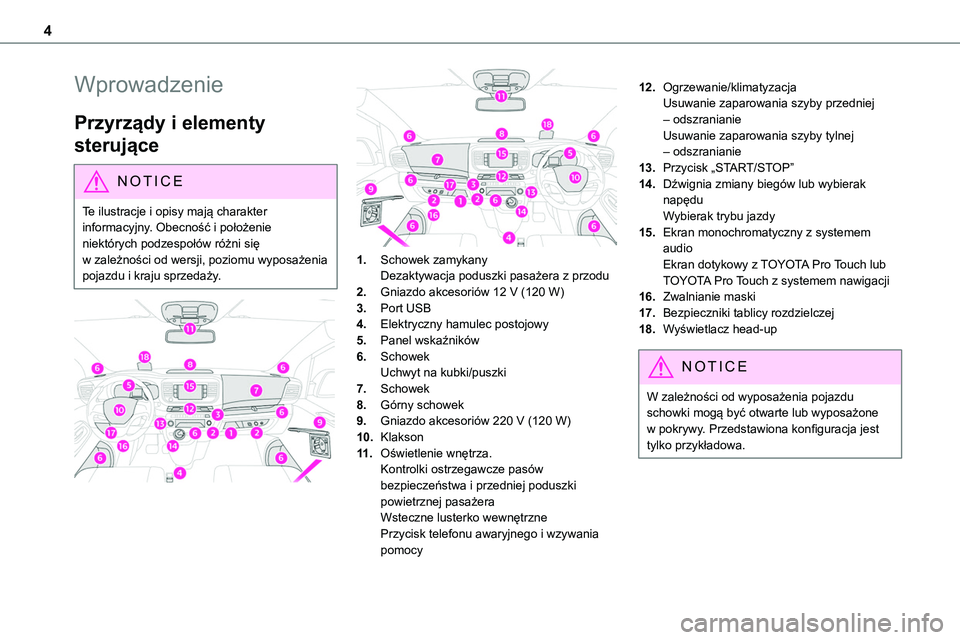 TOYOTA PROACE 2022  Instrukcja obsługi (in Polish) 4
Wprowadzenie
Przyrządy i elementy 
sterujące
NOTIC E
Te ilustracje i opisy mają charakter informacyjny. Obecność i położenie niektórych podzespołów różni się w zależności od wersji, p