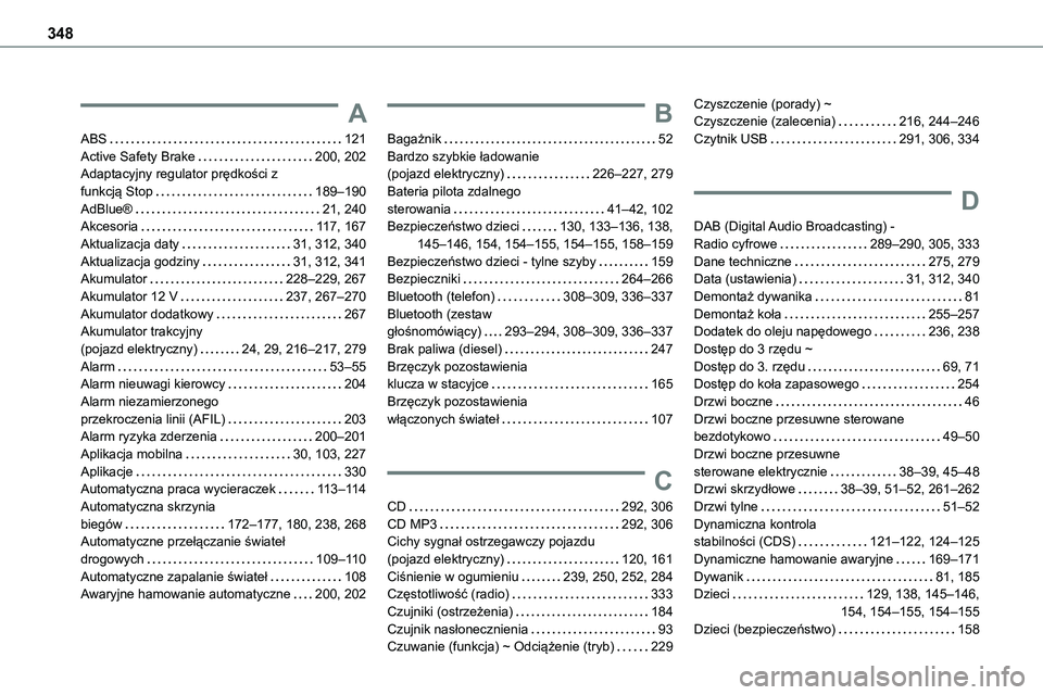 TOYOTA PROACE CITY 2020  Brugsanvisning (in Danish) 348
A
ABS   121Active Safety Brake   200, 202Adaptacyjny regulator prędkości z  funkcją Stop   189–190AdBlue®   21, 240Akcesoria   11 7, 167
Aktualizacja daty   31, 312, 340Aktualizacja godziny 