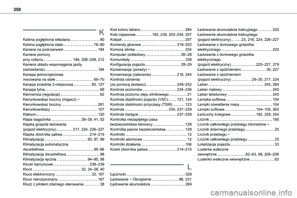 TOYOTA PROACE 2022  Instrukcja obsługi (in Polish) 350
K
Kabina pogłębiona składana   80Kabina pogłębiona stała   78–80Kamera na podczerwień   184Kamera pomocy  przy cofaniu   184, 208–209, 212Kamera układu wspomagania jazdy 
(ostrzeżenia
