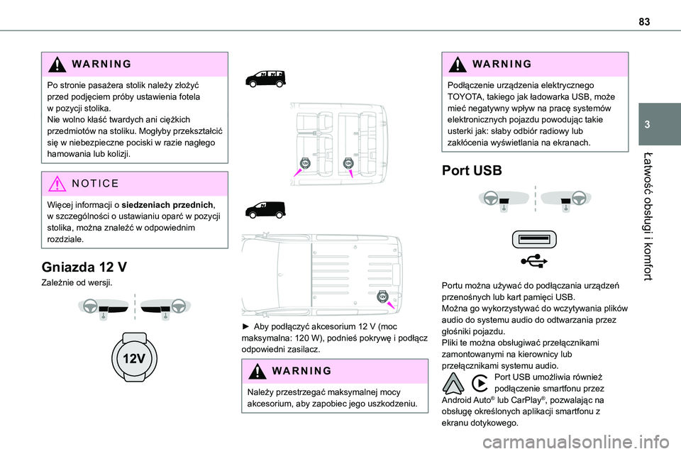 TOYOTA PROACE CITY 2020 Brugsanvisning (in Danish) 83
Łatwość obsługi i komfort
3
WARNI NG
Po stronie pasażera stolik należy złożyć przed podjęciem próby ustawienia fotela w pozycji stolika.Nie wolno kłaść twardych ani ciężkich przedmi TOYOTA PROACE CITY 2020 Brugsanvisning (in Danish) 83
Łatwość obsługi i komfort
3
WARNI NG
Po stronie pasażera stolik należy złożyć przed podjęciem próby ustawienia fotela w pozycji stolika.Nie wolno kłaść twardych ani ciężkich przedmi