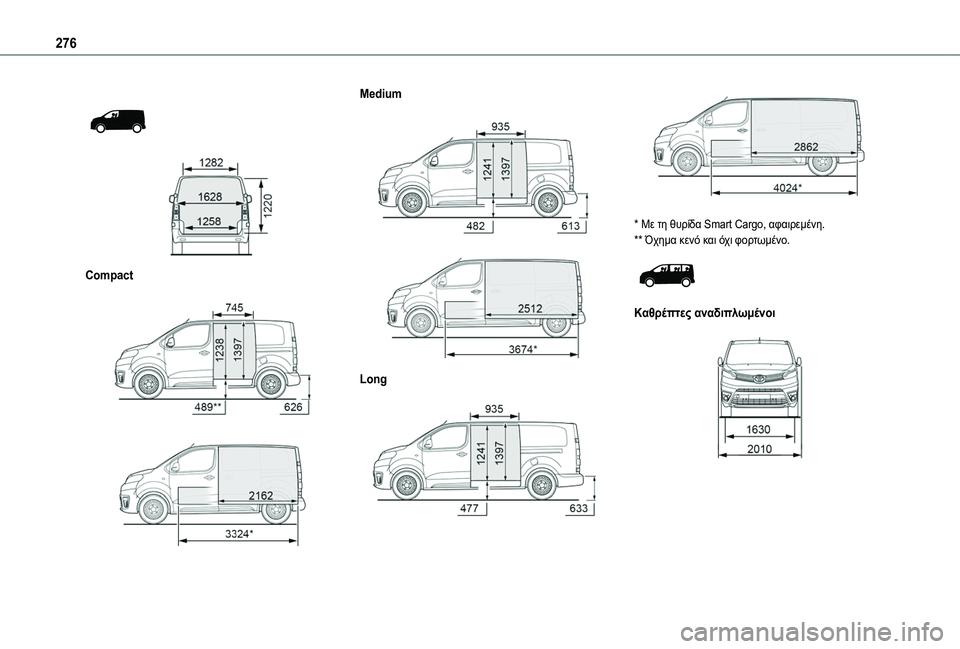 TOYOTA PROACE CITY 2020 Kasutusjuhend (in Estonian) 276
Compact
Medium
Long
* Με τη θυρίδα Smart Cargo, αφαιρεμένη.** Όχημα κενό και όχι φορτωμένο.
Καθρέπτες αναδιπ TOYOTA PROACE CITY 2020 Kasutusjuhend (in Estonian) 276
Compact
Medium
Long
* Με τη θυρίδα Smart Cargo, αφαιρεμένη.** Όχημα κενό και όχι φορτωμένο.
Καθρέπτες αναδιπ