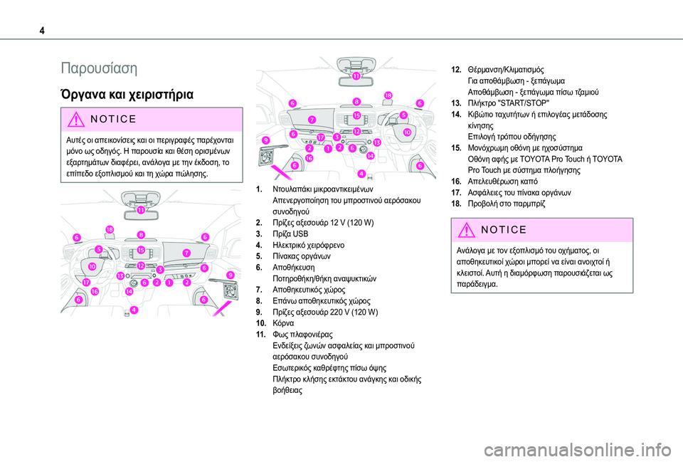 TOYOTA PROACE 2022  ΟΔΗΓΌΣ ΧΡΉΣΗΣ (in Greek) 4
Παρουσίαση
Όργανα και χειριστήρια
NOTIC E
Αυτές οι απεικονίσεις και οι περιγραφές παρέχονται μόνο ως οδηγός. Η 