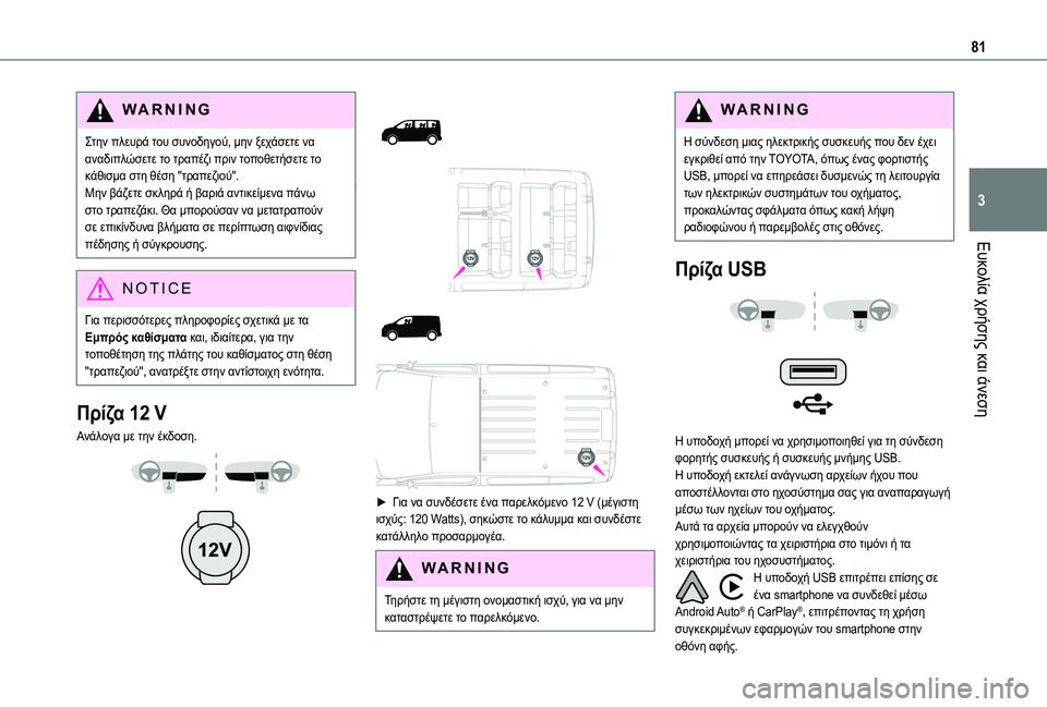 TOYOTA PROACE 2022 ΟΔΗΓΌΣ ΧΡΉΣΗΣ (in Greek) 81
Ευκολία χρήσης και άνεση
3
WARNI NG
Στην πλευρά του συνοδηγού, μην ξεχάσετε να αναδιπλώσετε το τραπέζι πριν τοπο TOYOTA PROACE 2022 ΟΔΗΓΌΣ ΧΡΉΣΗΣ (in Greek) 81
Ευκολία χρήσης και άνεση
3
WARNI NG
Στην πλευρά του συνοδηγού, μην ξεχάσετε να αναδιπλώσετε το τραπέζι πριν τοπο