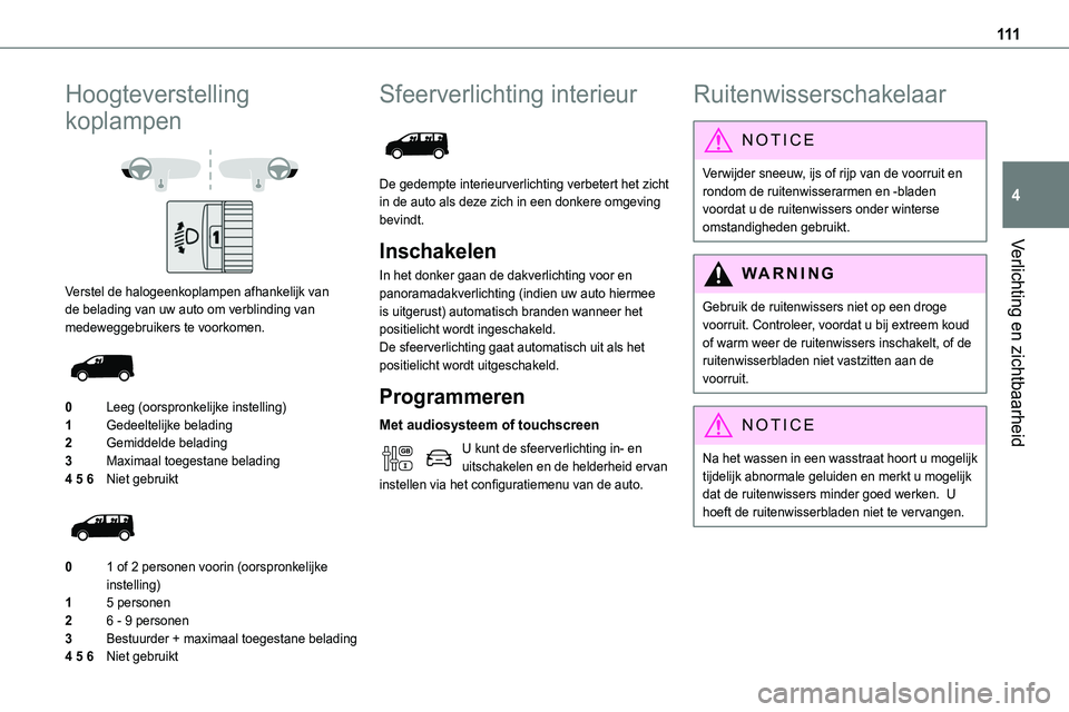 TOYOTA PROACE 2022 Instructieboekje (in Dutch) 111
Verlichting en zichtbaarheid
4
Hoogteverstelling
koplampen
Verstel de halogeenkoplampen afhankelijk van de belading van uw auto om verblinding van medeweggebruikers te voorkomen.
0Leeg (oo TOYOTA PROACE 2022 Instructieboekje (in Dutch) 111
Verlichting en zichtbaarheid
4
Hoogteverstelling
koplampen
Verstel de halogeenkoplampen afhankelijk van de belading van uw auto om verblinding van medeweggebruikers te voorkomen.
0Leeg (oo