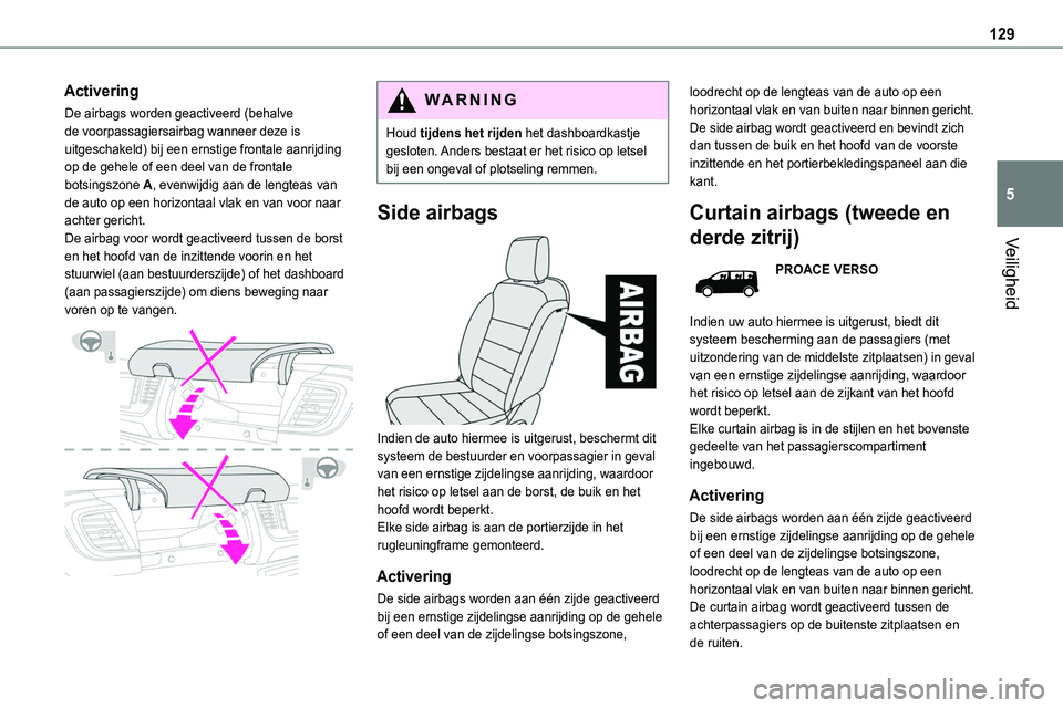 TOYOTA PROACE 2022 Instructieboekje (in Dutch) 129
Veiligheid
5
Activering
De airbags worden geactiveerd (behalve de voorpassagiersairbag wanneer deze is uitgeschakeld) bij een ernstige frontale aanrijding op de gehele of een deel van de frontale TOYOTA PROACE 2022 Instructieboekje (in Dutch) 129
Veiligheid
5
Activering
De airbags worden geactiveerd (behalve de voorpassagiersairbag wanneer deze is uitgeschakeld) bij een ernstige frontale aanrijding op de gehele of een deel van de frontale
