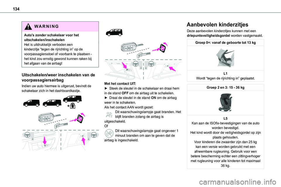TOYOTA PROACE 2022 Instructieboekje (in Dutch) 134
WARNI NG
Auto's zonder schakelaar voor het uitschakelen/inschakelenHet is uitdrukkelijk verboden een kinderzitje “tegen de rijrichting in” op de voorpassagiersstoel of voorbank te plaatsen TOYOTA PROACE 2022 Instructieboekje (in Dutch) 134
WARNI NG
Auto's zonder schakelaar voor het uitschakelen/inschakelenHet is uitdrukkelijk verboden een kinderzitje “tegen de rijrichting in” op de voorpassagiersstoel of voorbank te plaatsen