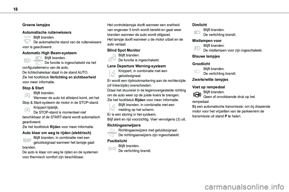 TOYOTA PROACE 2022 Instructieboekje (in Dutch) 18
Groene lampjes
Automatische ruitenwissersBlijft branden.De automatische stand van de ruitenwissers voor is geactiveerd.
Automatic High Beam-systeemBlijft branden.De functie is ingeschakeld via het TOYOTA PROACE 2022 Instructieboekje (in Dutch) 18
Groene lampjes
Automatische ruitenwissersBlijft branden.De automatische stand van de ruitenwissers voor is geactiveerd.
Automatic High Beam-systeemBlijft branden.De functie is ingeschakeld via het