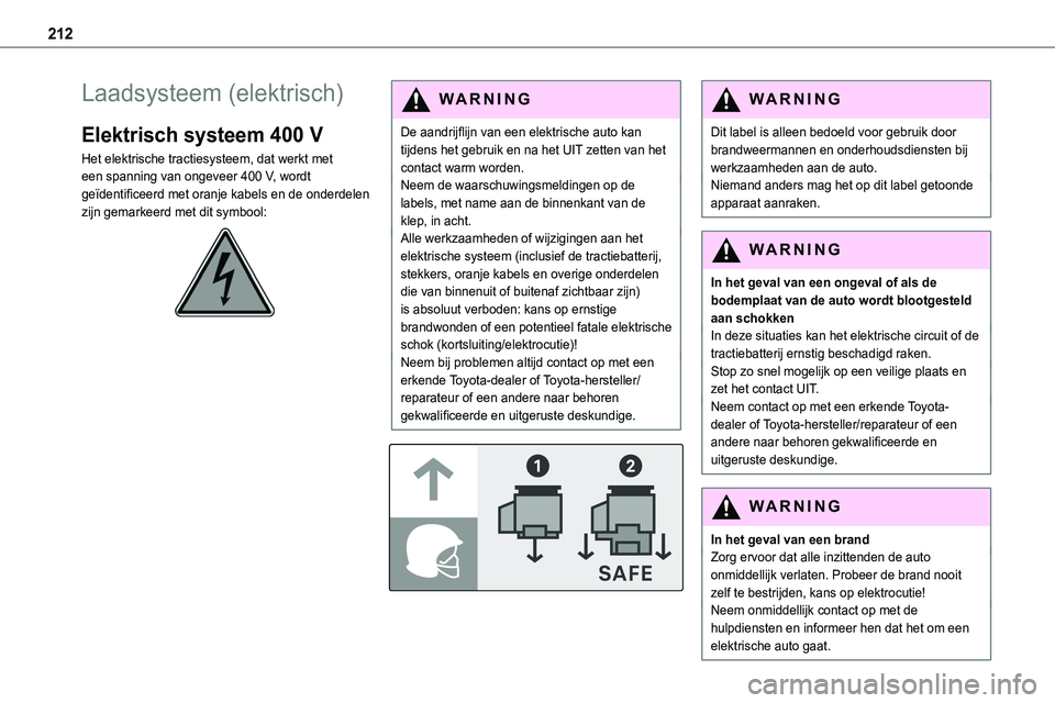 TOYOTA PROACE 2022 Instructieboekje (in Dutch) 212
Laadsysteem (elektrisch)
Elektrisch systeem 400 V
Het elektrische tractiesysteem, dat werkt met een spanning van ongeveer 400 V, wordt geïdentificeerd met oranje kabels en de onderdelen zijn gema TOYOTA PROACE 2022 Instructieboekje (in Dutch) 212
Laadsysteem (elektrisch)
Elektrisch systeem 400 V
Het elektrische tractiesysteem, dat werkt met een spanning van ongeveer 400 V, wordt geïdentificeerd met oranje kabels en de onderdelen zijn gema